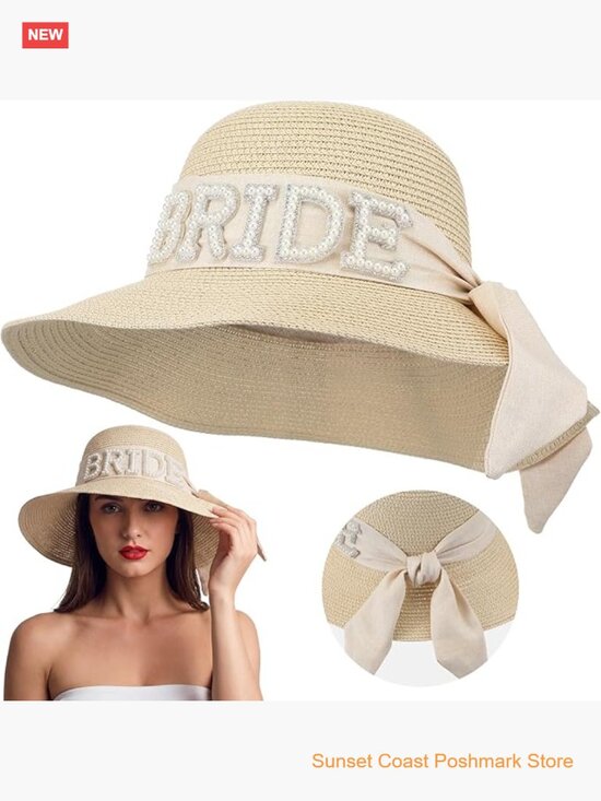 Bride Straw Floppy Sun Hat for Women Bridal Shower Bachelorette Gift Beige Wide main image 4